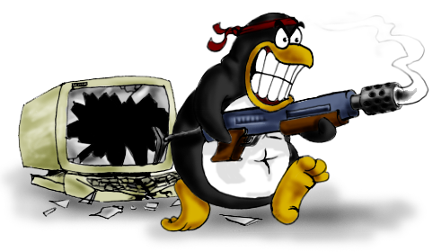 A Linux Tux penguin with a Rambo costume (red bandanna) with a huge rifle after destroying a computer CRT monitor.